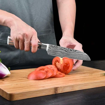 Kuhinjski Nož Iz Nerjavečega Jekla Laser Damask Vzorec Barve Lesa Ročaj 3