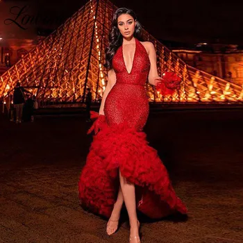 Rdeča Povodcem Ženske Seksi Stranka Halje Backless Dolgo Slaven Večerne Obleke Arabski Dubaj Prom Obleke 2020 Vestidos De Praznik