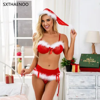 SXTHAENOO 2020 Božič Seksi Obleko za Ženske Klobuk Pižamo Perilo, Seksi brez Rokavov Perilo 4 Set Erotično Perilo