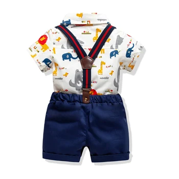 Baby Toddler Poletna Oblačila, ki Nežen Fant Obleko Stranka Krst Bombaž Lev Tiskanja Bodysuit+Hlače+Kravatni 3Pcs Otroci Fantje Obleke