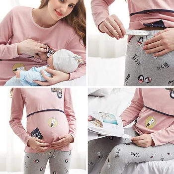 Ženska Porodniškega Sleepwear Bombaž zdravstvene Nege Dojenje Vrh +Nastavljiva Noseča Hlače johns Pižamo Nastavite Nightgown Oblačila