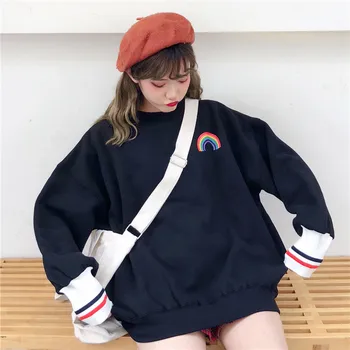 Korejska različica barva mavrice tiskanja pulover Harajuku svoboden dolg odsek plus bombaž debele kakovosti modni pulover