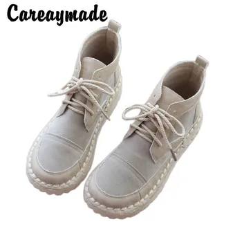 Careaymade-Umetniške ženske čevlje,ročno udobno ravno dno,čipke retro krog glave kratka cev čevlji,študent čevlji