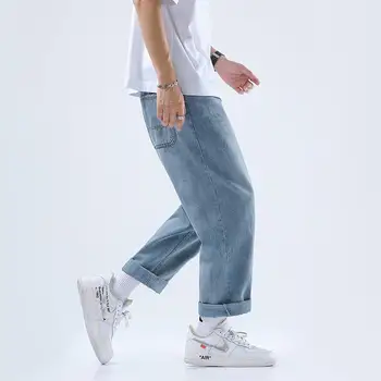 Vrečasta jeans moške poletne trend tanke naravnost devet točke priložnostne hlače hlače za moške, trend širok noge
