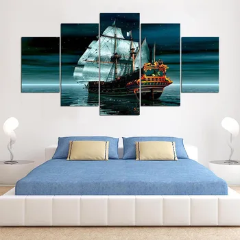 Platno Wall Art Slike Dnevni Sobi Doma Dekor 5 Kosov Piratske Ladje Sea Krajinskega Slikarstva Modularni HD Natisnjen Plakat Okvir