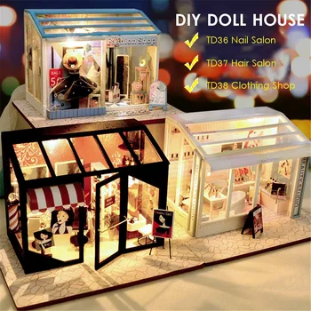 LED Luči DIY Lutka Hiša Salon, Butik, Lutka Hiše Mini Kit Lutke Pohištvo Rojstni dan Božično Darilo Otroci Igrače