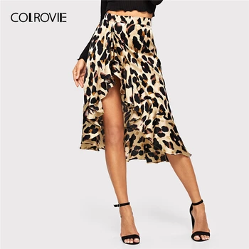COLROVIE Ruffle Robom Leopard Tiskanja Seksi Stranka Krilo 2019 Pomlad Moda Ulične Urad Dama Krila, Ženska delovna oblačila Midi Krilo