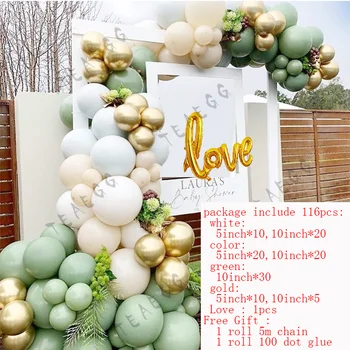 116Pcs Stranka Balon Garland Kit Beli Balon Arch Retro Zelena Chrome Zlato Folijo Ljubezen, Poroka Balon Poročni Tuš Dekor