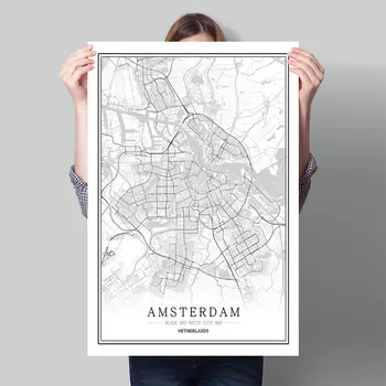 Nizozemska Črno Beli Svet, Zemljevid Mesta Plakat Nordijska Dnevna Soba, Amsterdam, Breda Wall Art Slike Doma Dekor Platno Slikarstvo