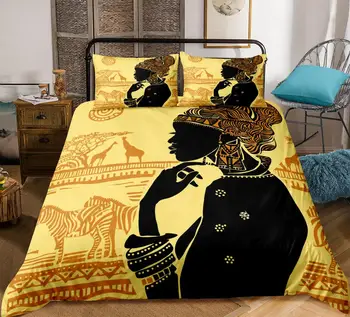 Afriške Posteljnina Nabor Kralj Ljudje Ženska Rjuhe Kritje Set Home Tekstil Rumeno Ozadje Bedclothes 3-Kos