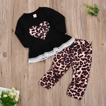 Pudcoco Malčke Baby Girl Obleke Srce Vzorec Dolgimi Rokavi, okoli Vratu Čipke Trim Puloverju Leopard Tiskanja Hlače 2Pcs Obleke Set