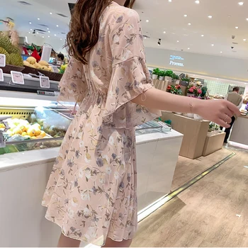 ženske cvjetnim natisne šifon midi obleko pol rokav naguban elegantno vitek 2020 poletje priložnostne visoko pasu vestidos de verano