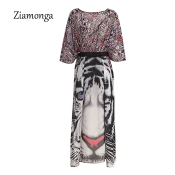 Ziamonga Poletje Prevelik Obleko Cvetlični Tiger Živali Tiskanja Šifon Obleke Dolgo Nazaj Kratko Odprite Prednji Vbod Kimono Plaža Obleko