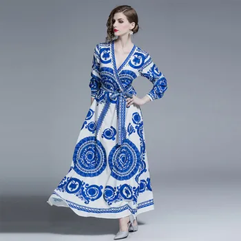 Design Dolgo Obleko 2019 Poletje Ženske Dolgimi Rokavi, V-Izrez Vzletno-Pristajalne Steze Obleko Pasu Dekoracijo Blue Print Maxi Obleko Vestidos