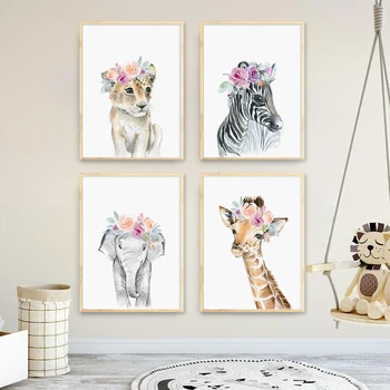 Cvet Živali Platno Plakat Lev, Zebra, Slon, Žirafa Vrtec Wall Art Tisk Slikarstvo Stenske Slike Otroke, Otroška Soba Dekor