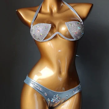 2020 Luksuzni Bikini Komplet Ženske Bling Diamante Karneval Modrc Obreži Zgoraj Kristalno Hlačke Rave Festivalu Burning Man Obleko Klub Obrabe