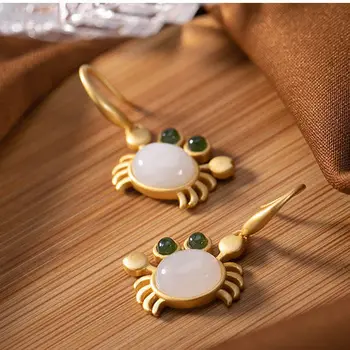 Srebro vdelan naravnih Hetian belega jade male rakovice Uhani Kitajski retro slogu sveže romantično očarljive ženske blagovne znamke nakit