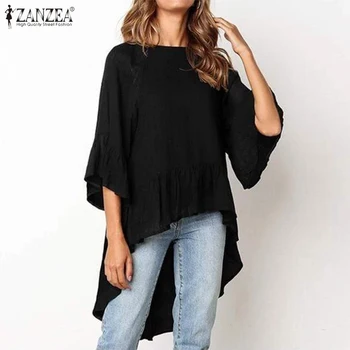 Asimetrični Ruffles Vintage Moda Priložnostne Svoboden Bluze ZANZEA Ženske Flare Rokav Shirt O-Vratu Trdna Srajca Plus Velikost 5XL