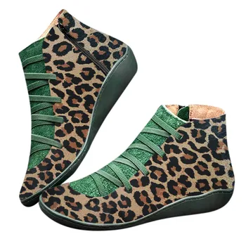 Vroče Prodaje Ženske Škornji Leopard Moda Pu Usnje Škorenj Ženski Čipke-up Zadrgo Krog Toe Čevlji Pomlad Jesen Čevlji