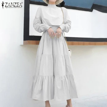 2021 Elegantno Ruffle Obleke, Ženske ZANZEA Ženski Pomlad Maxi Vestidos Prevelik 5XL Priložnostne Trdna Haljo Femme Ženske Stranka Obleko
