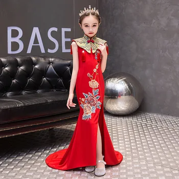 2021 kitajsko novo leto rdeči kostum starosti za 3 - 14 let najstnice kitajski slog qipao večerne otroci frocks sirena obleko