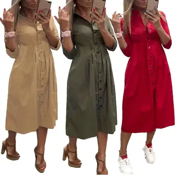 Barva Moda Proti-vrat Gumb Pol Rokavi Ženske Priložnostne Dolgimi Rokavi Obleka
