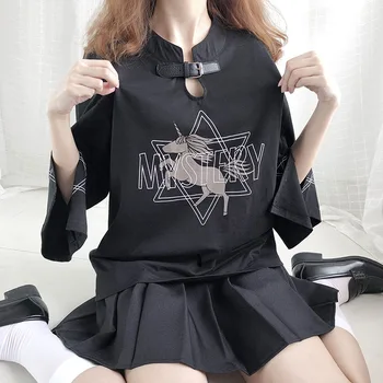 Anime vrhovi Ženske T-shirt jk enotno Poletje jesen ženska oblačila kawaii Kratek rokav Split Dekleta harajuku samorog Črna