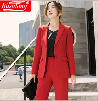 Nova Elegantna Rdeča jakna ženske obleka z hlače pozimi volne OL formalno jopič z krilo enoten urad dame plus velikost delo obrabe