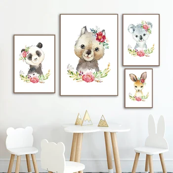 Lepe Risanke Cvet Fox Panda Koala Nordijska Plakatov In Fotografij Wall Art Platno Slikarstvo Živali Stenske Slike Za Otroci Soba Dekor