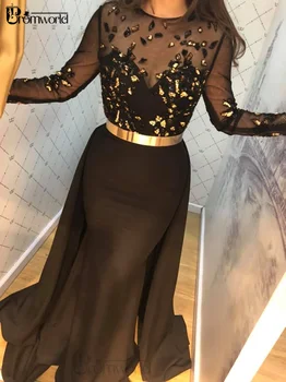 Črna morska deklica Večerne Obleke Iluzijo Dolg Rokav Beaded Skromno Stranka Halje z zlatim Pasom Formalno Obleko 2021 Vestidos De Fiesta
