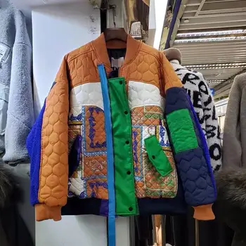 2020 Zimske Ženske Nov modni Stojalo Ovratnik Mozaik Debel Toplo Bombažno Jakno Multi Žep Zadrge korejski Prevelik Plašč