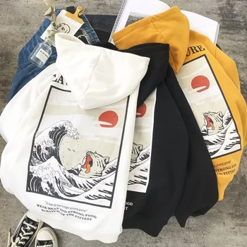 Japonski Vezenje Smešno Mačka Val Natisnjeni Runo Kapuco 2020 Poletje Japonskem Stilu Hip Hop Moških In Žensk Priložnostne Sweatshirts