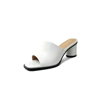 Pravega usnja ženski natikači novi Evropski stil 6 cm debele pete valjaste petah sandali ženske čevlje velikost 34-41