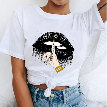 Nove Priložnostne Smešno Ustnice T-shirt Novost Grafični Tees Ženske Hip Hop Kawaii O-Vratu Kratkimi Rokavi Tshirt 90. letih Harajuku Vrhovi Tees Femme