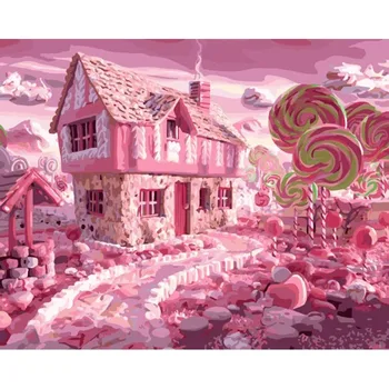 Candy Hiša Pokrajino DIY Digitalno Barvanje Z Številkami Moderne Stenske Umetnosti Oljna slika Božično Darilo Doma Dekor Velika Velikost
