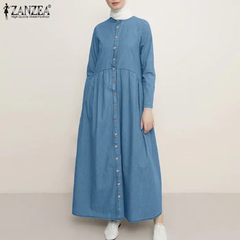 Moda za Ženske Muslimansko Obleko, Hidžab Jeseni Denim Blue Maxi Dolgo Sundress ZANZEA Letnik Dolg Rokav Dubaj Abaya Turčija Obleke 5XL