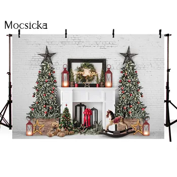 Fotografija ozadje Božič beli opeko kamin, v ozadju za foto studio letnik svetlobe Vesel Božič drevo photocall