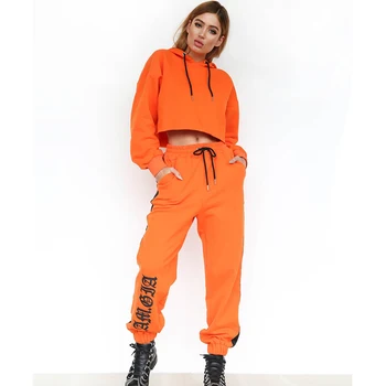 Oranžna Ženske Dva Kosa Iz Long Sleeve Hooded Crop Tops Svoboden Dolgo Harem Hlače Jeseni Priložnostne Ulične Trenirko 2 Kos Obleke