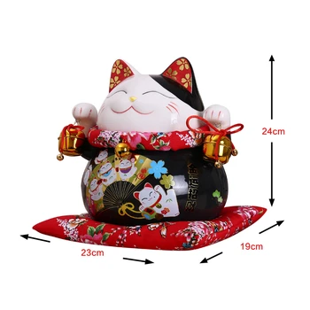 10 inch Črne Keramične Maneki Neko Ornament Srečen Mačka Denar Polje Fortune Mačka Figur Kitajski Kip šparovček z Zvonovi