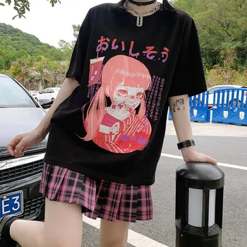 Ženske Bombaža T-srajce Harajuku Japonski Anime Risanke Kpop Ropa Mujer Vrhovi Letnik Oversize Kratek Rokav Dropshipping Black Tees