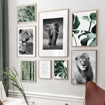 Lev, Slon, Leopard Nordijska Letnik Plakat Zelenih Rastlin Wall Art Natisne Platno Slikarstvo Monstera Dekor Slike Za Dnevno Sobo