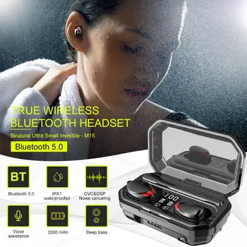 M15 Bluetooth 5.0 Slušalke Brezžične Slušalke Z Mikrofonom Šport Vodotesne Slušalke 2000mAh Polnjenje Box & Svetilka