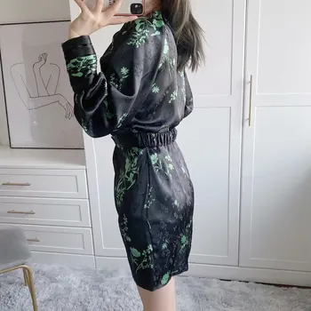 Za 2021 Modni Črno Jacquardske Mini Obleke za Ženske, Pomlad Zelena Tiskanja Kratka Obleka Ženska Dolgo Draped Rokav Mini Vestidos Pasu