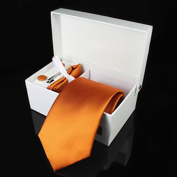 Mens Kravato Svile 8 cm Formalno Kravatni Handkerchief zapestne gumbe, Gift box set polna Rdeča Rumena Vezi Za Poslovni Človek Poročno Darilo Stranka