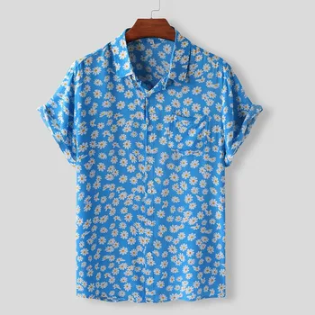 KLV moške bluzo Poliester človek majica za Moške Pisane Poletne Kratek Rokav tunika moške Svoboden Gumbi Hawaiian Priložnostne Srajco Bluzo