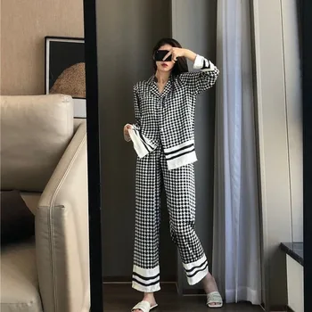 Houndstooth Domov Oblačila za Ženske Toplo Pižamo za Ženske Pomlad Pižame Ženske Modni Pijama Nastavite Pigiami Donna Sleepwear Set