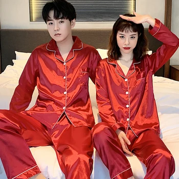 Seksi saten par pižamo set za ljubitelje Kakovosti Pjs Doma Obleko Pomlad ženske&moških Sleepwear Jopico Dolgimi Rokavi, Unisex pižame