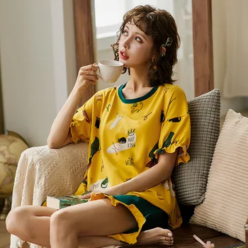 Nov Slog Pižamo Ženske Poletje Kratka sleeved Poliester-bombažno Obleko, dvodelno, korejski Slog Tanke Domov Nositi Plus Plus Velikost Pižame