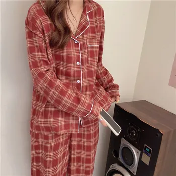 Priložnostne dolg rokav kariran pižamo nastavite ljubitelje homesuit sleepwear nekaj dva kosa pižame določa ženske more domov oblačila L040