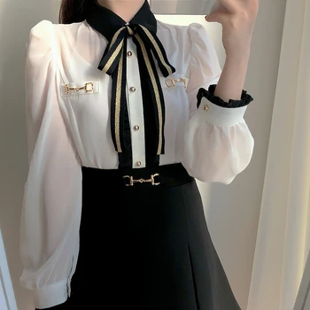 Jeseni Novo Elegantno Šifon majica Lok kravato Kontrast barve OL vrhovi Dolgo sleeved Womens vrhovi in bluze